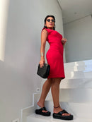 Vestido feminino de algodão sem mangas, cor sólida, alta elasticidade, vestido